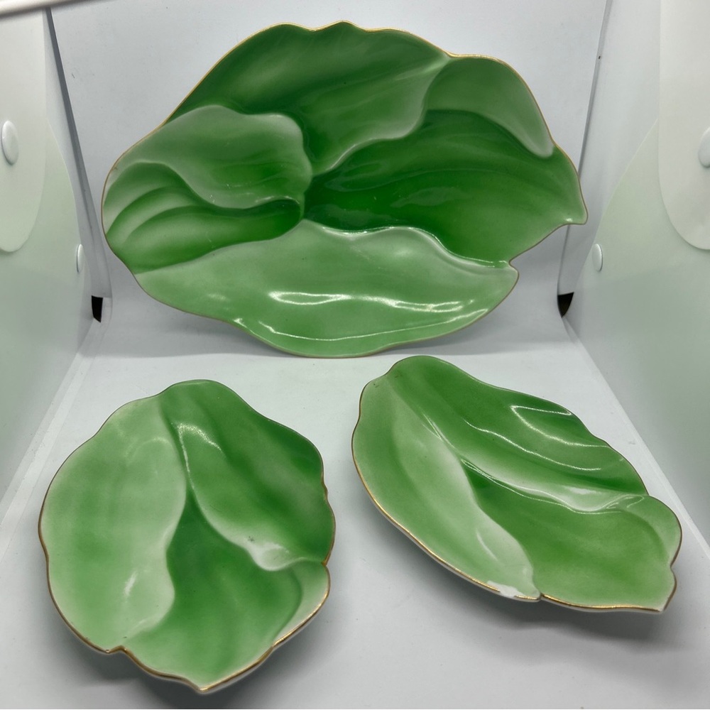 Vintage Green Leaf 3 Piece Arita Fukagawa Sushi  Serving Plates
